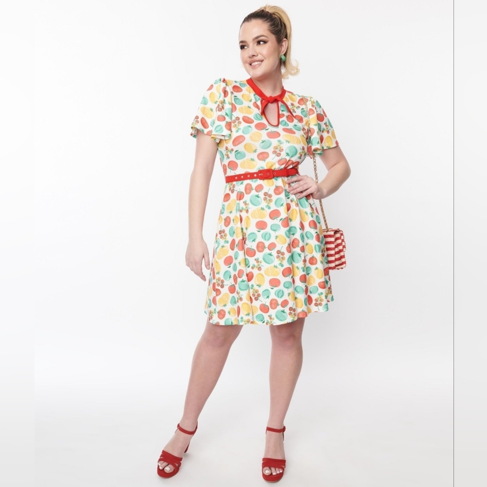 Unique Vintage ivory & red tomato print flare dress